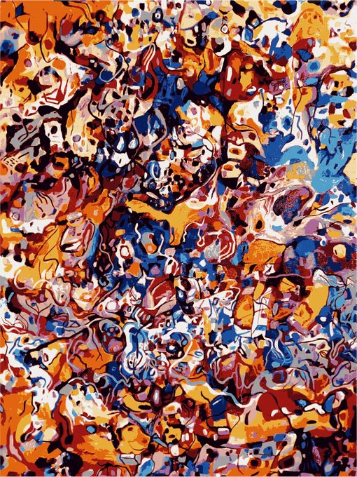 A vibrant abstract painting filled with swirling patterns, dots, and organic shapes in shades of blue, orange, red, and white.