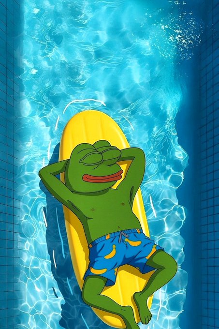 A cartoon frog lounges contentedly on a yellow pool float in bright blue water, perfectly capturing the relaxed weekend vibe to match the "GM have a great Saturday guys!" message.