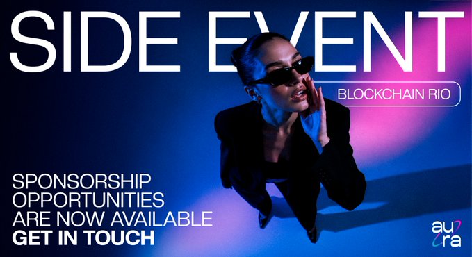 A promotional graphic for 'SIDE EVENT' at Blockchain Rio with sponsorship opportunities available, featuring a woman in sunglasses against a blue and pink gradient background.