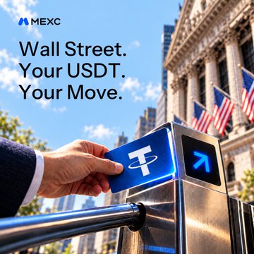 A hand taps a card featuring the Tether (USDT) logo against a turnstile in front of the New York Stock Exchange, with text reading "Wall Street. Your USDT. Your Move." This visualizes MEXC's "RealStocks" campaign, symbolizing seamless access to Wall Street via USDT and the invitation to refer a friend for a 15 USDT bonus.
