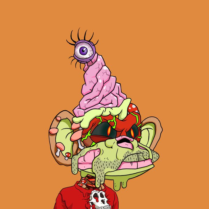A bizarre cartoon illustration of a grotesque character with a melting green face, red eyes, and a pink tower topped with an eyeball on its head, wearing a red shirt with a skull design.