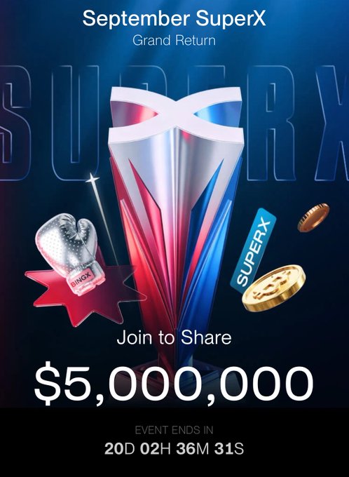 A promotional poster for 'September SuperX Grand Return' featuring a metallic trophy, boxing glove, and gold coins, offering a $5,000,000 prize pool with a countdown timer showing 20 days, 2 hours, 36 minutes, and 31 seconds remaining.