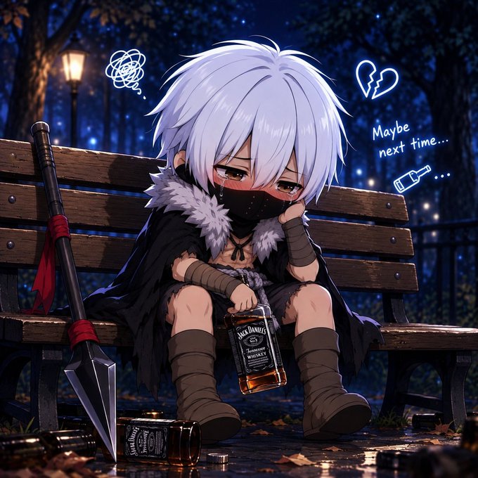 Anime-style illustration of a small chibi character with white hair and a face mask sitting dejectedly on a park bench holding a Jack Daniel's bottle, with a large sword resting beside them and doodles reading 'Maybe next time...'