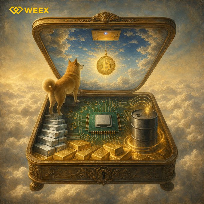 An ornate treasure chest floats among golden clouds, revealing a Shiba Inu standing beside gold bars, silver ingots, a green circuit board with a glowing processor, and an oil drum, while a Bitcoin coin hangs suspended from the open lid beneath a blue sky. The "WEEX" logo appears in the top-left corner, symbolizing the platform's role in connecting emerging crypto assets with traditional commodities and financial markets.