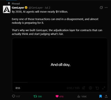 Pinned tweet from GenLayer (@GenLayer) explaining that by 2030 AI agents will move nearly $9 trillion, with the caption 'And all day.' and 616 likes.