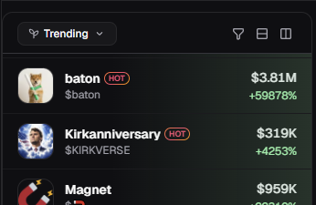 A 'Trending' section of a crypto app showing 'baton' ($baton) at $3.81M with +59878% gain and 'Kirkanniversary' ($KIRKVERSE) at $319K with +4253% gain.