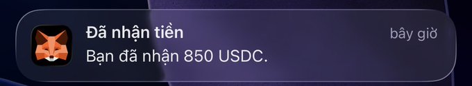 A MetaMask notification in Vietnamese stating 'Đã nhận tiền - Bạn đã nhận 850 USDC' (Money received - You have received 850 USDC) with a fox icon.