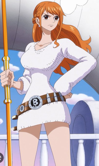 An anime illustration of an orange-haired female character in a white sweater dress with a Bitcoin belt buckle and a staff, set against a bright blue sky.