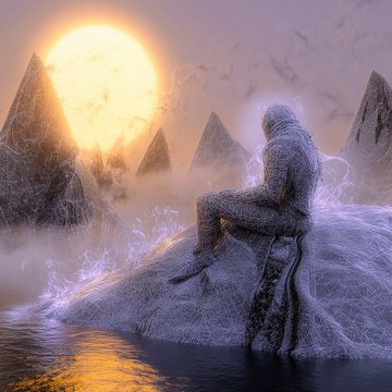 An artistic digital rendering of a humanoid figure sitting contemplatively on a rock by water, surrounded by mist and mountain peaks, with a large glowing sun in the background creating a surreal, ethereal atmosphere.