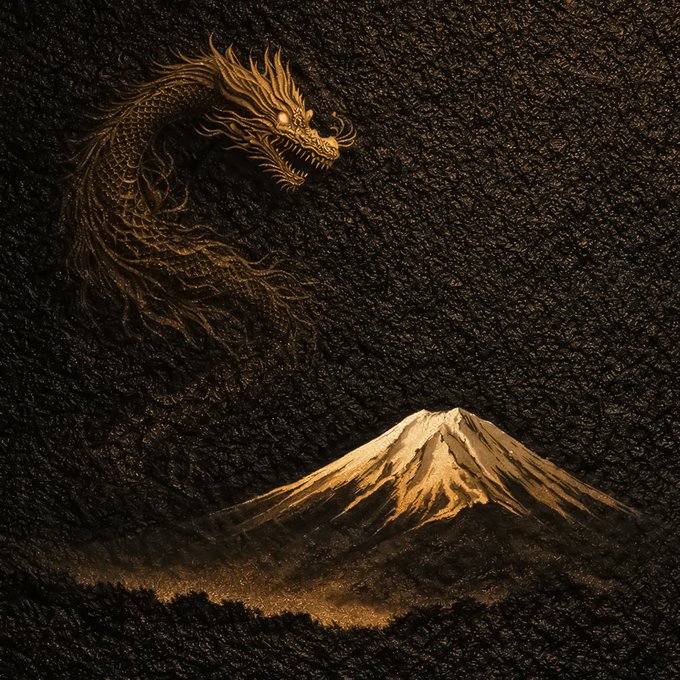 A golden dragon emerges from dark clouds above a glowing Mount Fuji, rendered in ornate relief against a textured black background, embodying the "Unseen Ascension" theme of a powerful, mythical force rising over the enduring mountain.