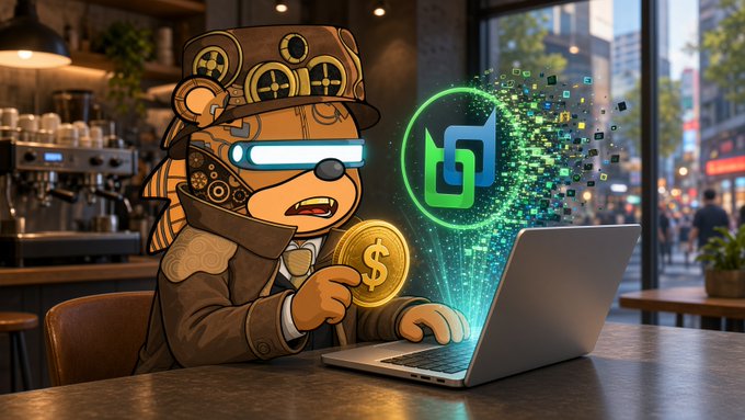 A digital illustration of a stylized bear character wearing goggles and a steampunk hat sitting at a laptop in a cafe, holding a gold coin with a dollar sign while a glowing green logo emerges from the screen.