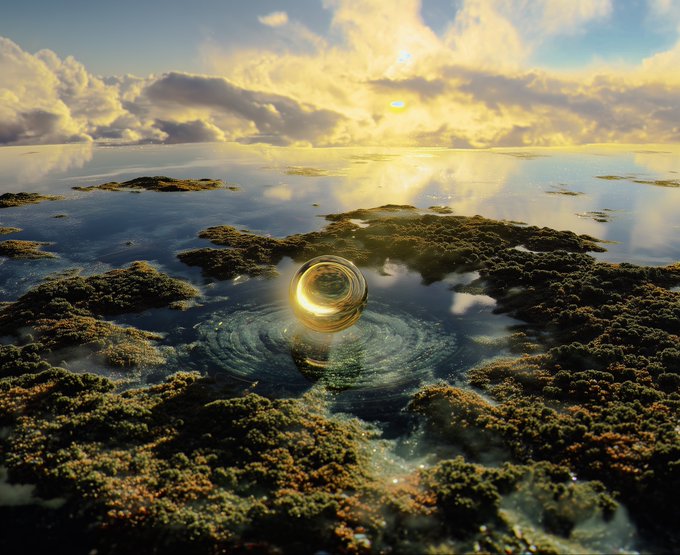 A surreal landscape showing a glowing glass orb creating ripples in a reflective tidal pool surrounded by mossy rocks, with a dramatic sunset sky above.