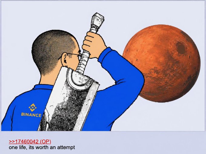 A cartoon illustration shows a man in a blue Binance shirt looking through a telescope at the planet Mars, with the caption "one life, its worth an attempt" and the post number ">>17460042 (OP)" below.