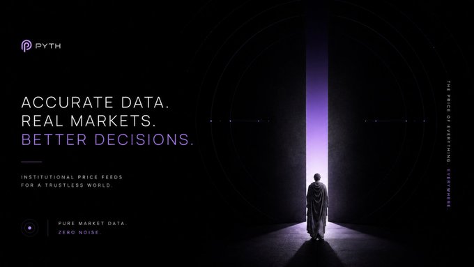 A dark promotional graphic for 'PYTH' featuring the text 'ACCURATE DATA. REAL MARKETS. BETTER DECISIONS.' and 'INSTITUTIONAL PRICE FEEDS FOR A TRUSTLESS WORLD', with a silhouetted figure standing before a glowing vertical light beam.