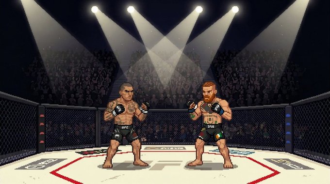A pixel-art style illustration of two UFC fighters squaring off in an octagon cage under bright spotlights, one wearing shorts labeled "UFC" and the other wearing shorts labeled "JIU".