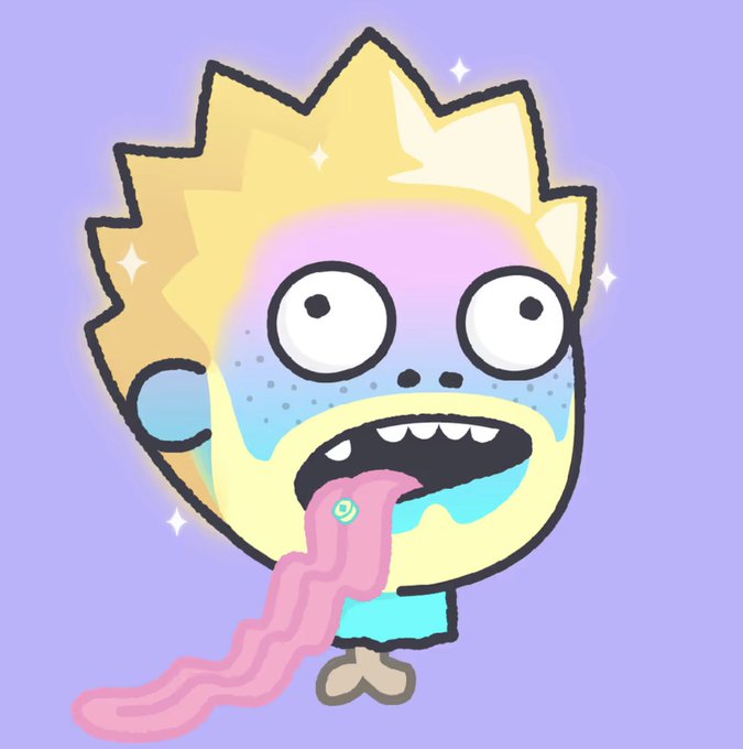 A cartoon illustration of a zombie-like character with spiky yellow hair, wide eyes, and a wide-open mouth with a long pink tongue hanging out against a purple background.