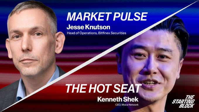 A promotional graphic featuring Jesse Knutson (Head of Operations, Bitfinex Securities) under 'MARKET PULSE' and Kenneth Shek (CEO, Moca Network) under 'THE HOT SEAT' from The Starting Block.