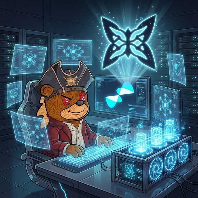 A digital illustration of a pirate bear character with a tricorn hat and red 'X' eyes sitting at a high-tech computer setup with holographic displays, cryptocurrency cube mining rigs, and a glowing butterfly logo above.