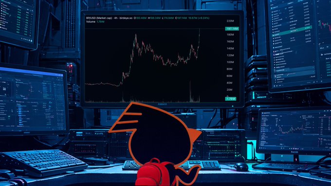 A cartoon devil sits before a multi-monitor trading setup displaying the "BP/USD (Market cap)" chart on the central screen with a volume of 1.75M, set against a dark, tech-filled background that visually amplifies the bullish, speculative tone of the post predicting that $BP will skyrocket to unimaginable prices.