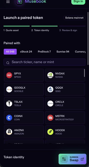 The Musebook mobile interface for launching a paired token on the Solana mainnet, showing selectable quote assets like SPYX (SP500), NVDAX, GOOGLX, and QQQX.
