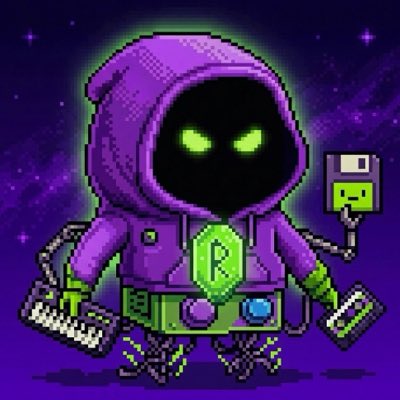 A pixel art character in a purple hoodie with glowing green eyes wears a cryptocurrency symbol pendant and holds various tech accessories against a starry purple background.