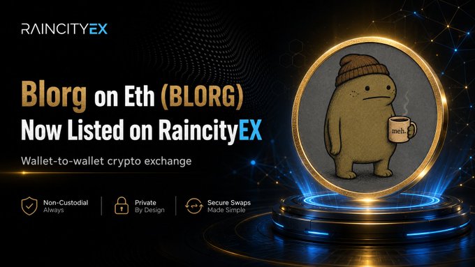 The image features a cartoon character, likely a bear or a monster, wearing a hat and holding a cup of coffee while standing next to a gold coin. The text at the bottom of the image reads "New listing Blorg on Eth (BLORG) on RaincityEX Pairs: SOL/BLORG, POL/BLORG & BTC/BLORG Exchanging available: June 20, 2026 raincityex.com/coins/BLORG @blorgoneth #RaincityEx #Crypto #Altcoins". The image is related to the post because it features a cartoon character and text that are part of an advertisement for Blorg on Eth (BLOGG).