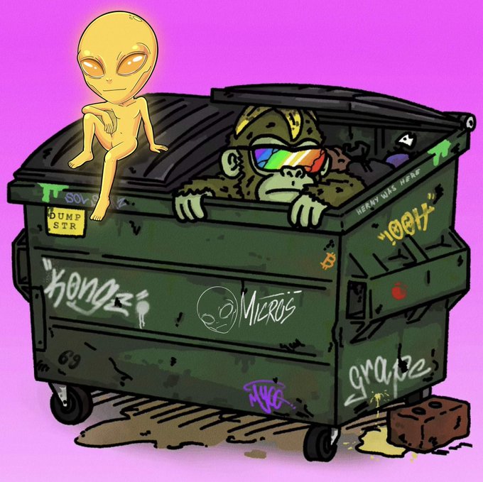 This image depicts an alien and a monkey in a dumpster, reflecting the post's theme of "dumping." Text visible includes "SOV," "DUMP STR," "XONGZ," "@Micros," "HERNY WAS HERE," "looh," "grape," and "MYCO."
