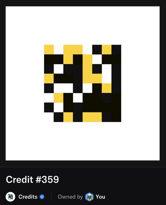 A digital collectible or NFT item labeled "Credit #359" featuring a pixelated black, yellow, and white pattern, owned by the user.