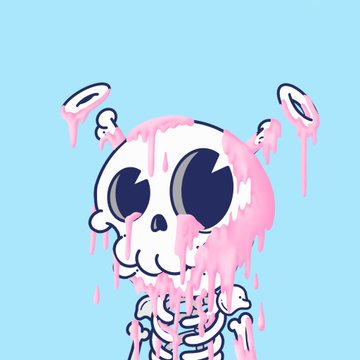 Digital illustration artwork of a cartoon skull and skeleton with large, crying anime-style eyes dripping pink tears against a light blue background.