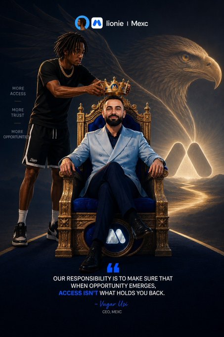 A promotional graphic for Ilonie | Mexc featuring a man in a suit being crowned by another man, set against an eagle and mountain backdrop, with the quote 'Our responsibility is to make sure that when opportunity emerges, access isn't what holds you back.' - Utkars Usi, CEO, MEXC.