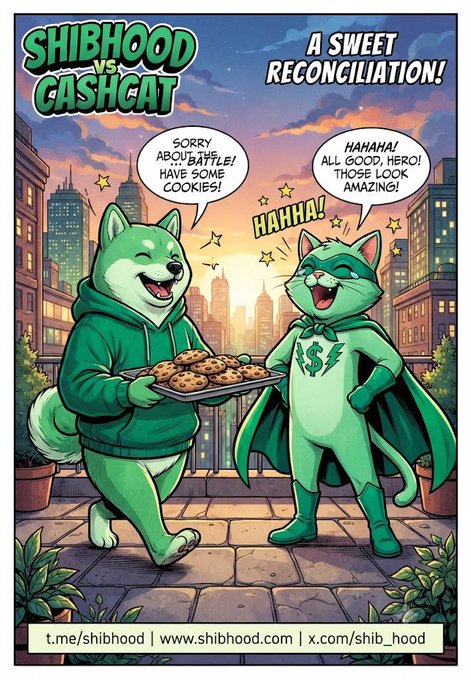 A comic-style poster titled 'SHIBHOOD vs CASHCAT - A SWEET RECONCILIATION!' showing a Shiba Inu in a green hoodie offering cookies to a green cat superhero, with links to t.me/shibhood, www.shibhood.com, and x.com/shib_hood.