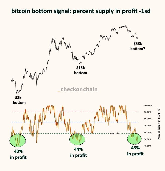 A chart titled 'bitcoin bottom signal: percent supply in profit -1sd' from _checkonchain, correlating BTC price bottoms ($3k, $16k, $58k) with supply-in-profit metrics dropping to 40-45%.