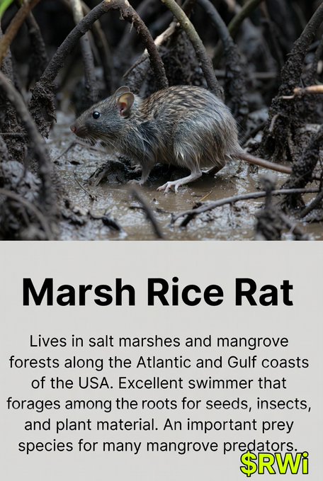 An informational graphic titled 'Marsh Rice Rat' featuring a photo of a wet rat among mangrove roots, with a watermark '$RWI' in the corner.