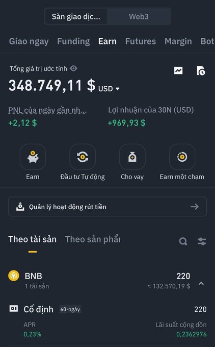 A Binance mobile app screenshot showing a total estimated value of 348,749.11 USD, including BNB holdings (220) and a fixed asset with 0.23% APR.