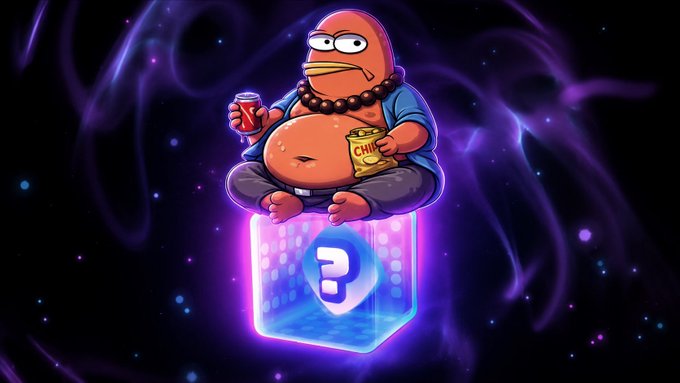 A cartoonish meditating character with a large belly, holding a red soda can and a bag of 'CHIPS', floats cross-legged on a glowing blue cube with a 'P' (Propchain) logo against a dark purple starry background.