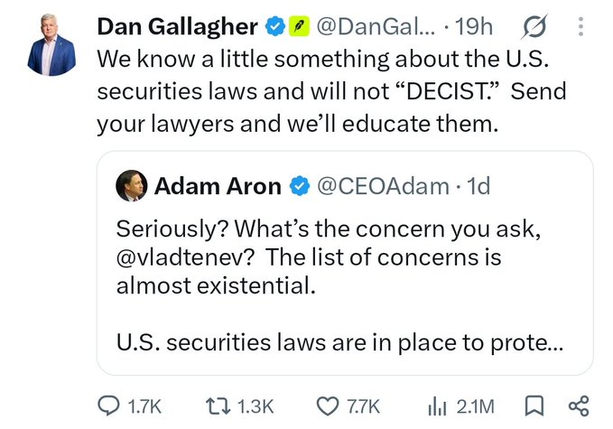 A Twitter/X exchange between Dan Gallagher (@DanGal...) and Adam Aron (@CEOAdam) regarding U.S. securities laws. Dan Gallagher responds to Adam Aron's concerns, stating 'We know a little something about the U.S. securities laws and will not "DECIST." Send your lawyers and we'll educate them.'