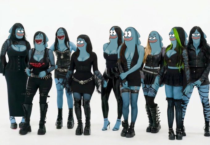A row of women wearing black punk/goth outfits paired with the blue fish mask from SpongeBob SquarePants, featuring leather jackets, dresses, boots, and various accessories against a white background.