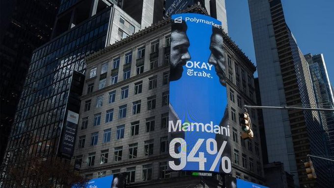 A large digital billboard on a New York City building shows a Polymarket ad for Mamdani at '94%' with 'OKAY Grace.' text overlaid on a stylized face.