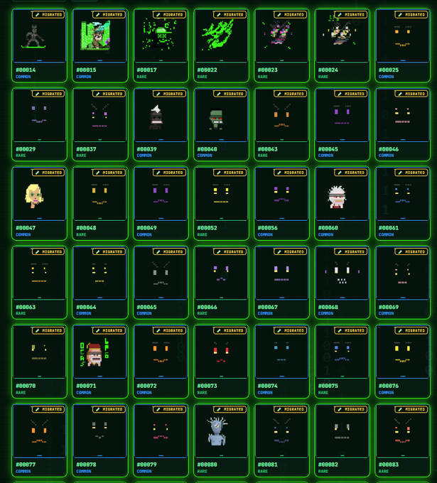 A grid of pixel art NFT character cards with neon green borders, each labeled 'XEGGRAVED' with unique IDs like #00014 and #00083, marked with rarity tiers 'RARE' or 'COMMON' beneath pixelated face designs.