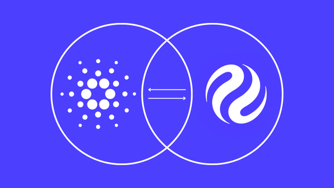 A blue graphic displays two overlapping circles containing the Cardano logo on the left and another swirl logo on the right, connected by a double-headed arrow.