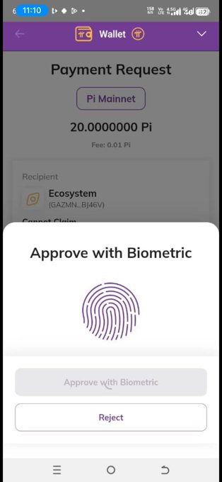 A screenshot of the Pi Network wallet displaying a payment request of 20.0000000 Pi to the "Ecosystem" recipient (GAZMN..BJ46V) with a biometric authentication approval prompt overlaid, confirming the recent activation of biometric verification features highlighted in the post.