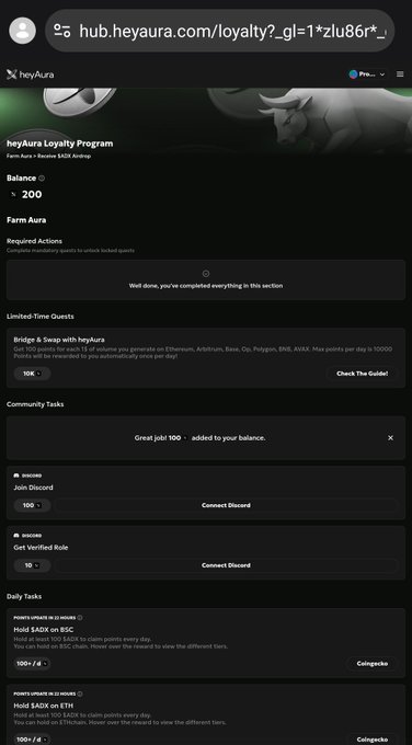 A screenshot of the heyAura Loyalty Program page showing a user with a $AURA balance of 200, featuring various farming tasks including "Bridge & Swap with heyAura" (10k points), Discord community tasks worth 100 points each, and daily SADX on BSC and ETH points rewards. The image visually supports the post's message about actively farming AURA tokens by showcasing the multiple ways users can earn rewards on the platform.