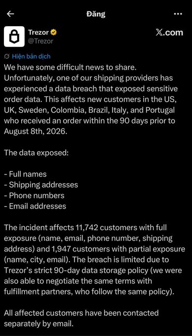 A screenshot of a verified X (Twitter) post from Trezor (@Trezor) disclosing a data breach at shipping provider ShipMonk affecting ~13,689 customers in the US, UK, Sweden, Colombia, Brazil, Italy, and Portugal, exposing names, shipping addresses, phone numbers, and emails of those who ordered within 90 days before August 8th, 2026.