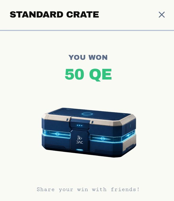 A digital rewards screen showing 'STANDARD CRATE' opened with '50 QE' won, featuring an image of a futuristic blue and silver crate.