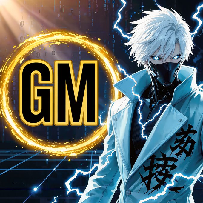 An anime-style illustration of a white-haired character wearing a mask and light blue coat surrounded by lightning, next to a glowing golden circular 'GM' badge.