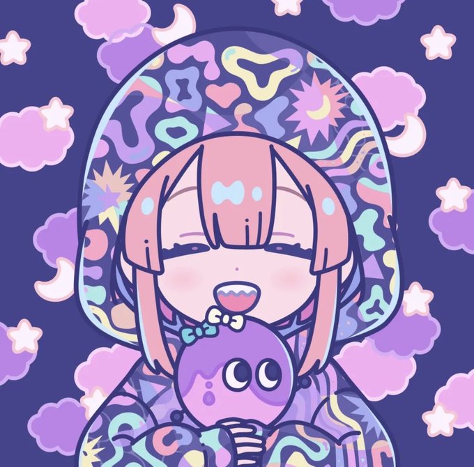 A digital illustration of an anime-style girl with pink hair and closed eyes, wearing a colorful patterned hoodie, holding a small purple creature with a bow.