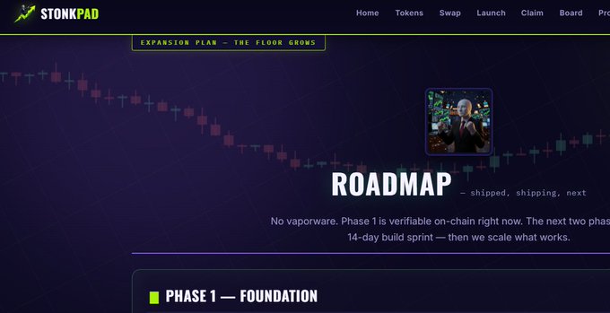 The StonkPad website featuring navigation links for Home, Tokens, Swap, Launch, Claim, Board, and a 'ROADMAP – shipped, shipping, next' section showing 'PHASE 1 – FOUNDATION' on a purple background.
