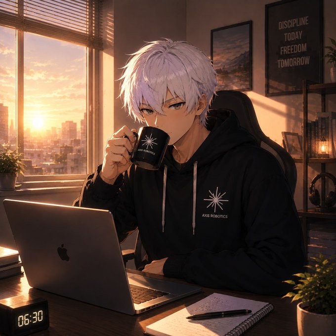 An anime-style illustration of a white-haired boy wearing a black hoodie with the 'AXIS ROBOTICS' logo, sitting at a desk with a laptop and mug at 06:30, with a poster reading 'DISCIPLINE TODAY FREEDOM TOMORROW' on the wall.