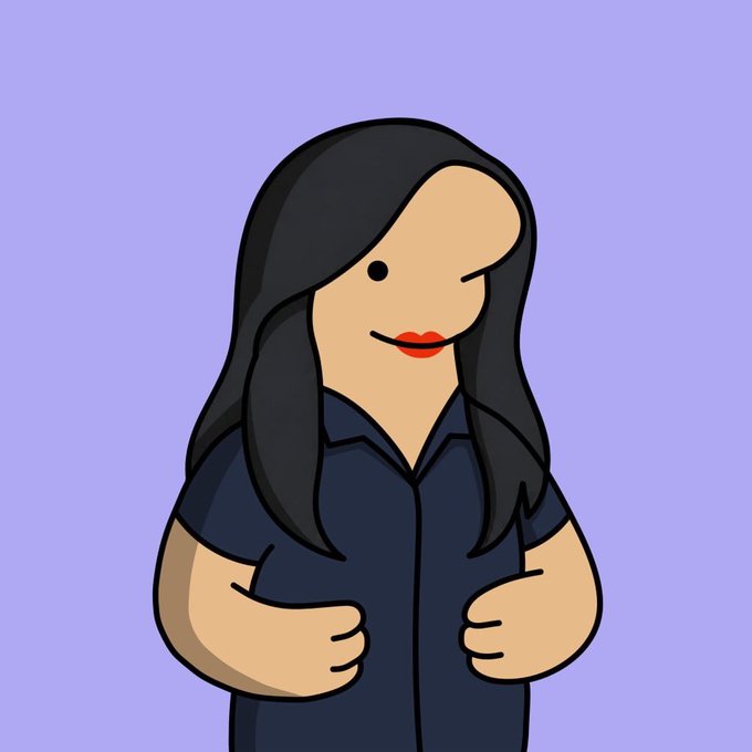 A cartoon illustration of a woman with long black hair wearing a dark blue shirt against a light purple background.
