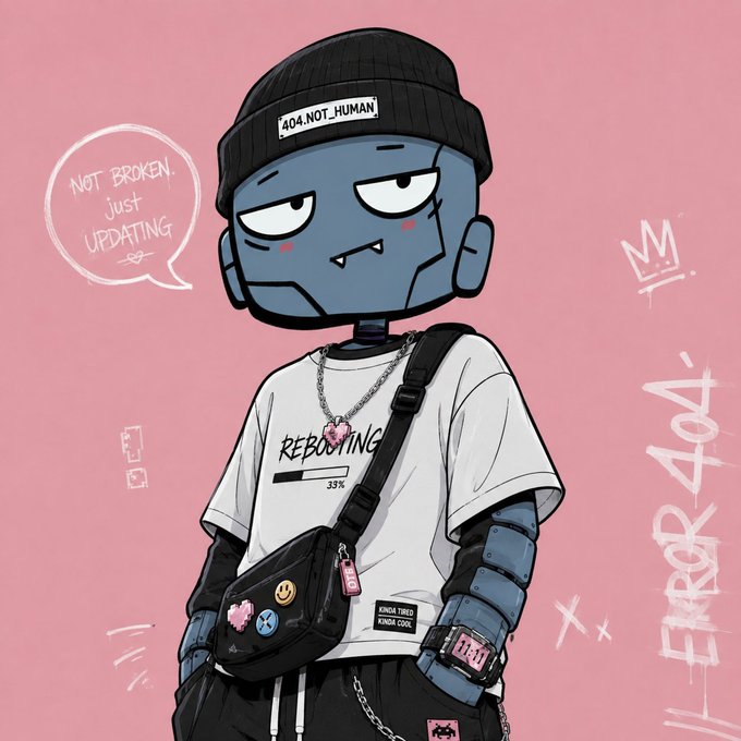 A cartoon robot character wearing a black beanie labeled '404_NOT_HUMAN' and a 'REBOOTING 33%' t-shirt, with a speech bubble saying 'NOT BROKEN. JUST UPDATING.' and 'ERROR 404' written nearby.